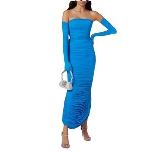 ALEX PERRY - Huntley Ruched Glove Sleeves Electric Blue Evening Gown Dress